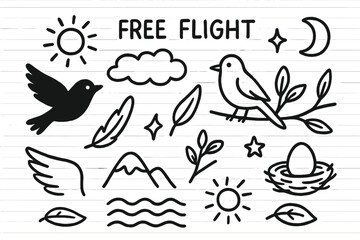 Free Flight Birds. Hand-drawn doodle illustration Free Flight Birds [bird silhouette, feather, cloud, sun, star, sparkle, moon, wing, horizon, mountain, leaf,