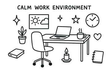 Calm Doodle Workspace. Hand-drawn doodle illustration Calm Work Environment [desk, chair, laptop, plant, window, sun, cloud, sparkle, star, candle, book,