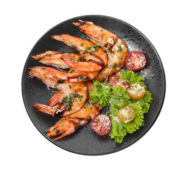 Tasty grilled shrimps with salad isolated on white, top view. Delicious seafood dish
