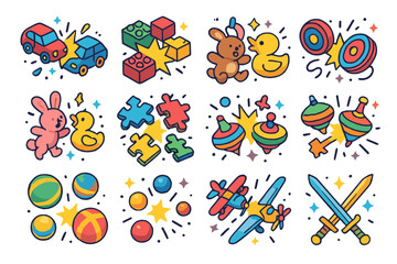 Playful Toy Collision Icons. Colorful isometric vector icons set of toys and objects in playful collision: toy cars mid-crash, building blocks clashing,