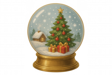 Festive snow globe with christmas tree, gift boxes and winter cabin inside, decorative holiday artwork on transparent background