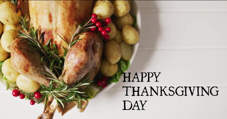 Image of happy thanksgiving day text over thanksgiving dinner on white boards