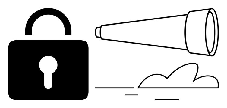 Black lock beside a telescope with abstract clouds. Ideal for security, privacy, exploration, strategy, foresight, surveillance, and navigation. Simple flat metaphor