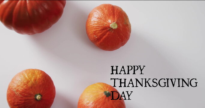 Fototapeta Image of happy thanksgiving day text over autumn pumpkins on white background