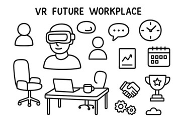 VR Workplace Illustration. Hand-drawn doodle illustration VR future workplace VR headset, avatar, laptop, desk, chair, coffee mug, document, chart, speech