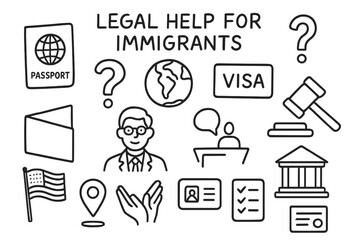 Immigrant Legal Support Icons. Hand-drawn doodle illustration Legal help for immigrants [passport, globe, visa stamp, question mark, lawyer, open folder,