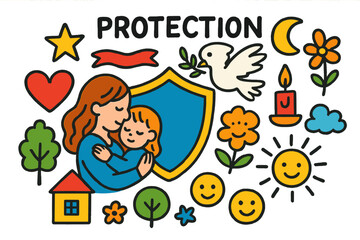 Fototapeta premium Children's Protection Symbols. Protection. Colorful Hand-drawn doodle Children illustration shield, mother holding child, heart, star, ribbon, dove, moon,