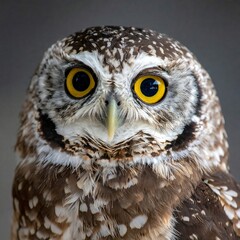 Close-up of owl's face, intense gaze, speckled feathers