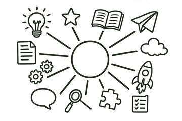Creative Mind Mapping Doodle. Hand-drawn doodle illustration mind mapping exercise central circle, branching lines, arrows, light bulb, star, book, pencil,