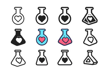 Flask Love Logo Variations. Set Logo of Flasks: Flask with heart symbol (love potion). Logo set in vector style, emblematic variations. line, bold thick line,