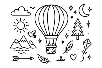 Whimsical Balloon Adventure. Hand-drawn doodle illustration Hot Air Balloon Ride [hot air balloon, basket, cloud, sun, moon, star, mountain, bird, sparkle,