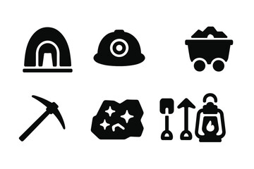 Gold Mining Icons. Solid, filled icon set of gold mining: mine entrance, miner?s helmet, gold pan, mine cart, pickaxe, rock with gold, excavation tools,