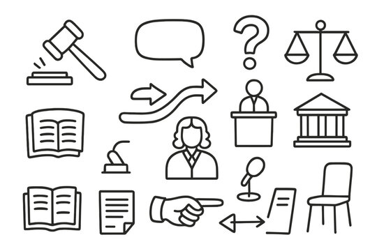 Courtroom Doodle Icons. Hand-drawn doodle illustration cross examination gavel, speech bubble, question mark, witness stand, lawyer figure, scales, courthouse,