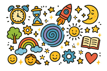Time Travel Doodle. Colorful Hand-drawn doodle Children illustration Time Travel clock, hourglass, spiral portal, rocket, gears, book, rainbow, sun, moon,