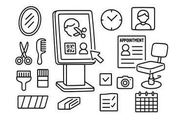 Hair Salon Doodle Icons. Hand-drawn doodle illustration [hair salon digital kiosk] [touchscreen, haircut icon, profile icon, QR code, scissors, brush, hair