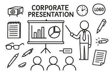 Corporate Presentation Doodles. Hand-drawn doodle illustration Corporate presentation [projector, screen, graph, bar chart, pie chart, presenter, pointer