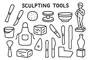 Fototapeta premium Sculpting Tools Doodle. Sculpting Tools. Hand-drawn doodle illustration sculpting tools chisel, carving knife, sponge, potter?s wheel, brush, bucket, apron,
