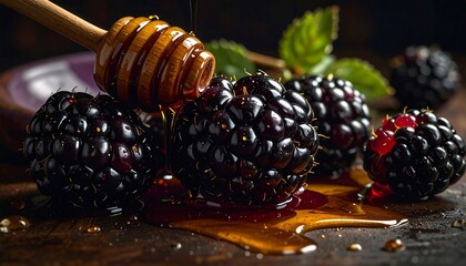 Honey drizzled on blackberries