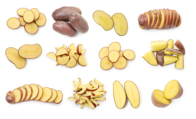 Raw potatoes isolated on white, collage. Whole and cut
