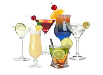 Variety of cocktails on glasses isolated on white, collection