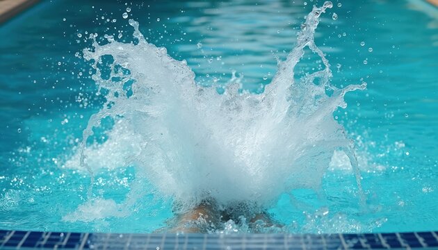 Dynamic water splash from swimmer making sharp turn in clear pool water. Motion blur captures athlete speed, power during freestyle or backstroke technique. Summer swim session creates ripples, waves. - Powered by Adobe