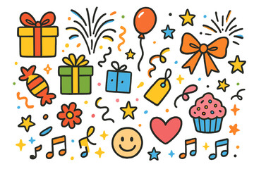 Fototapeta premium Festive Doodle Celebration. Colorful Hand-drawn doodle Children illustration Festive gifts fireworks, confetti, balloon, present, ribbon, bow, sparkles, candy,