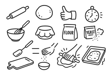 Baking Essentials Doodle. Hand-drawn doodle illustration Flatbread and dough preparation rolling pin, dough ball, flour bag, hand icon, bowl, whisk, cloth