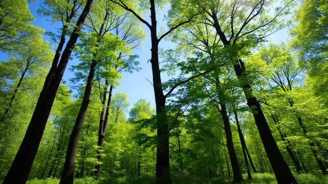 A lush green forest with tall trees and dense foliage under a clear blue sky. Sunlight filters through the leaves, creating a serene