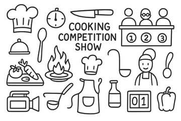 Cooking Competition Doodles. Hand-drawn doodle illustration Cooking competition show [chef hat, stove, timer, judges, knife, vegetables, plate, flames,