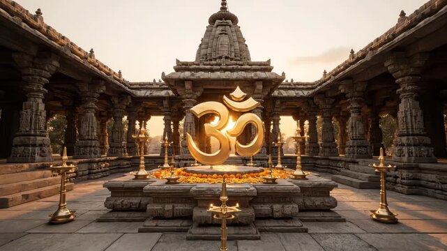 Majestic Golden Om Symbol in Ancient Hindu Temple Courtyard with Traditional Lamps and Warm Glow