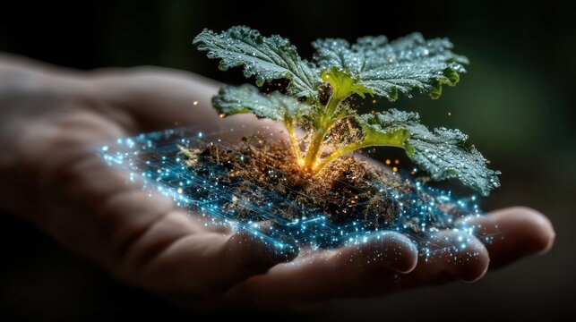 Hand holding a plant with futuristic digital connections representing new growth and technology