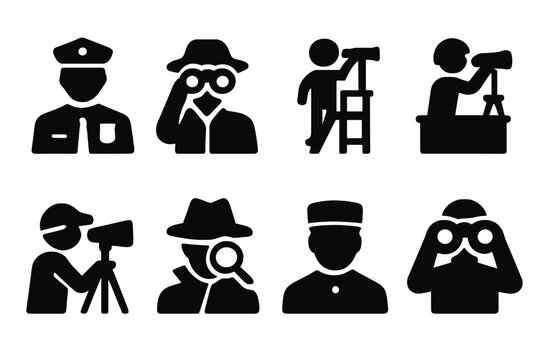 Watcher Roles Icons. Solid, filled icon set of watcher roles: security guard, scout, lifeguard, sentry, wildlife observer, detective, watchman, lookout. Solid,