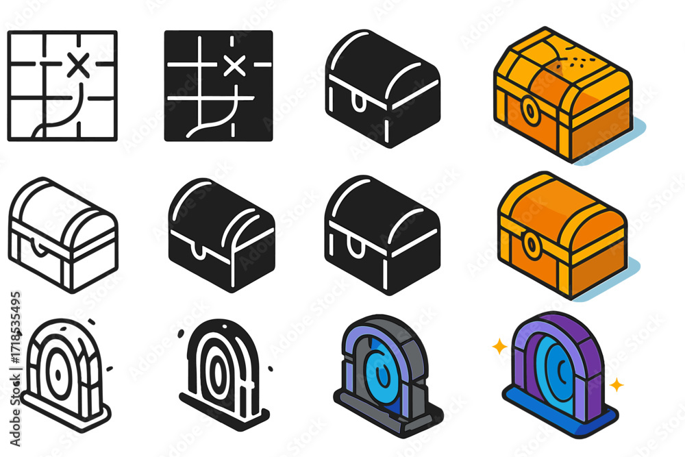 Poster isometric level design icons. icon set of level design: map grid, treasure chest, portal. icons set 