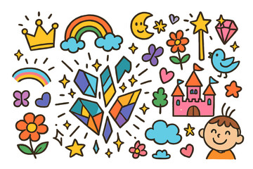 Fototapeta premium Enchanted Children's Doodles. Colorful Hand-drawn doodle Children illustration Enchanted Broken Glass sparkling shards, crown, rainbow, castle, gem, wand,