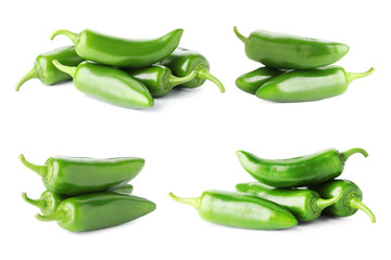 Fresh green jalapeno peppers isolated on white, set