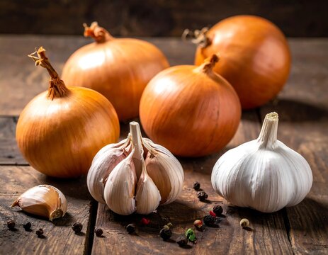 Onions and garlic bulbs on rustic wood