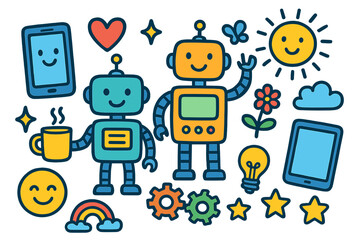 Fototapeta premium Robot-Enhanced Daily Life. Colorful Hand-drawn doodle Children illustration Robots in Daily Life robot, smartphone, tablet, coffee mug, heart, sparkles,