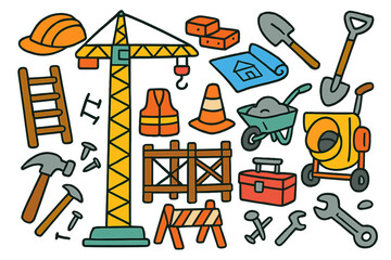 Construction Site Doodles. Colorful Hand-drawn doodle Children illustration Construction Site crane, helmet, bricks, blueprint, shovel, wheelbarrow, ladder,