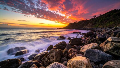 Dramatic coastal sunrise over a rocky shore