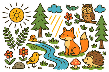 Obraz premium Whimsical Forest Morning. Colorful Hand-drawn doodle Children illustration Forest morning light [sunrise, pine tree, owl, fox, stream, fern leaf, flower, rock,