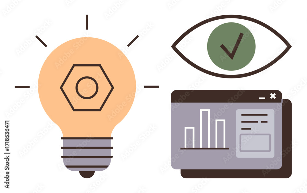Poster light bulb sparks creativity, browser window with bar graphs represents data insights, and an eye wi
