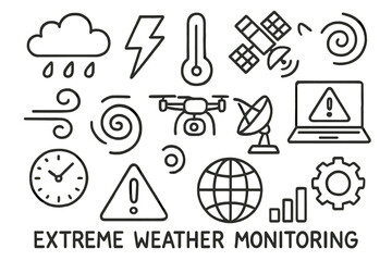 Fototapeta premium Weather Monitoring Icons. Hand-drawn doodle illustration Extreme weather monitoring storm cloud, lightning bolt, raindrop, thermometer, wind swirl, hurricane