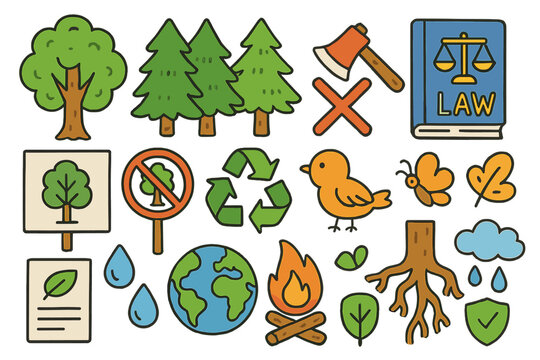Protect Forests Doodle. Colorful Hand-drawn doodle Children illustration Protecting forests policies tree, forest, axe with cross, protest sign, recycling