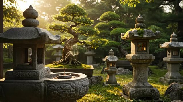 Tranquil Japanese Garden Landscape with Stone Lanterns and Bonsai Trees in Golden Light