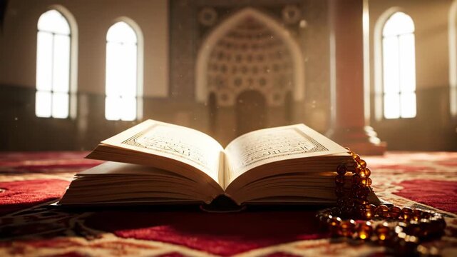 Open Quran and Prayer Beads on Mosque Carpet with Sunlight, Islamic Devotion and Spirituality