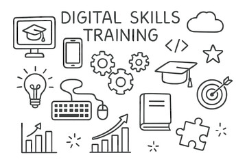 Digital Skills Doodle. Hand-drawn doodle illustration Digital skills training computer, smartphone, cloud, coding brackets, gears, keyboard, mouse, light bulb,
