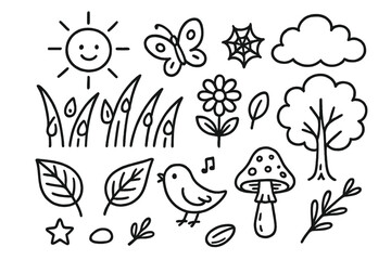 Morning Dew Doodles. Hand-drawn doodle illustration Morning dew on grass [dew drops, grass blades, leaf, flower, sun, cloud, butterfly, spider web, tree, bird,