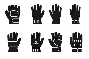 Obraz premium Icon Set_ Various Gloves. Solid, filled icon set of gloves by use: sports gloves, safety gloves, medical gloves, fashion gloves, work gloves, thermal gloves,