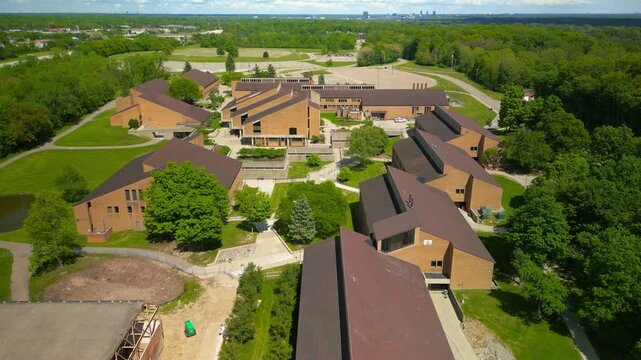 Aerial view of Oakland Community College is a public community college Established in 1964 and largest community college in Michigan, Located in Farmington Hills..
