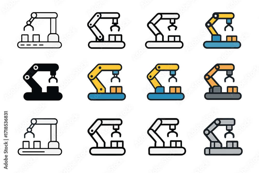 Poster robotic system logos. set logo of factory automation system: pick-and-place robotic system. logo set